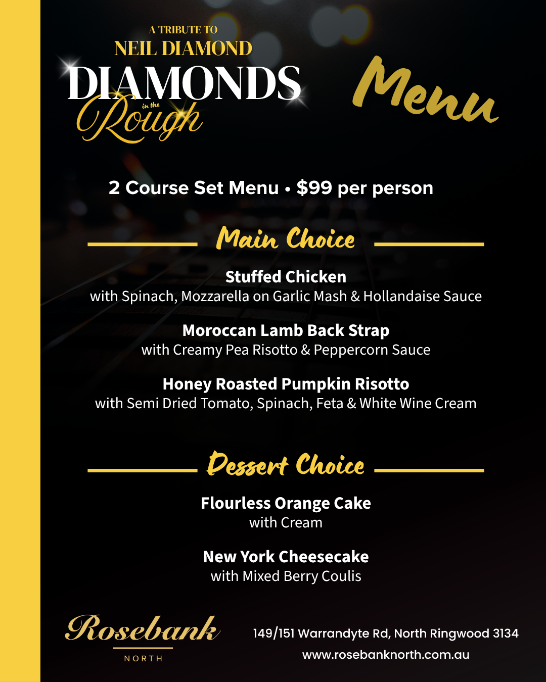 Rosebank Tribute Neil Diamond Show Menu